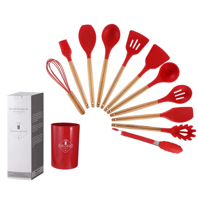 12 Pieces Silicone Kitchen Cooking Tools Kitchen Silicone Cooking Utensils Set with Wooden Handle Silicon Cooking Set Silicon Utensils Cooking Sets Kitchen