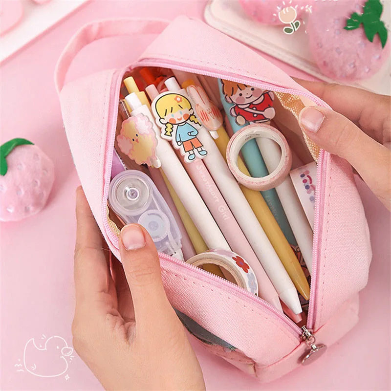 Caja de almacenamiento de papelería escolar de gran capacidad en japonés para chicas, estuche de lápices kawaii lindo de tela de lona