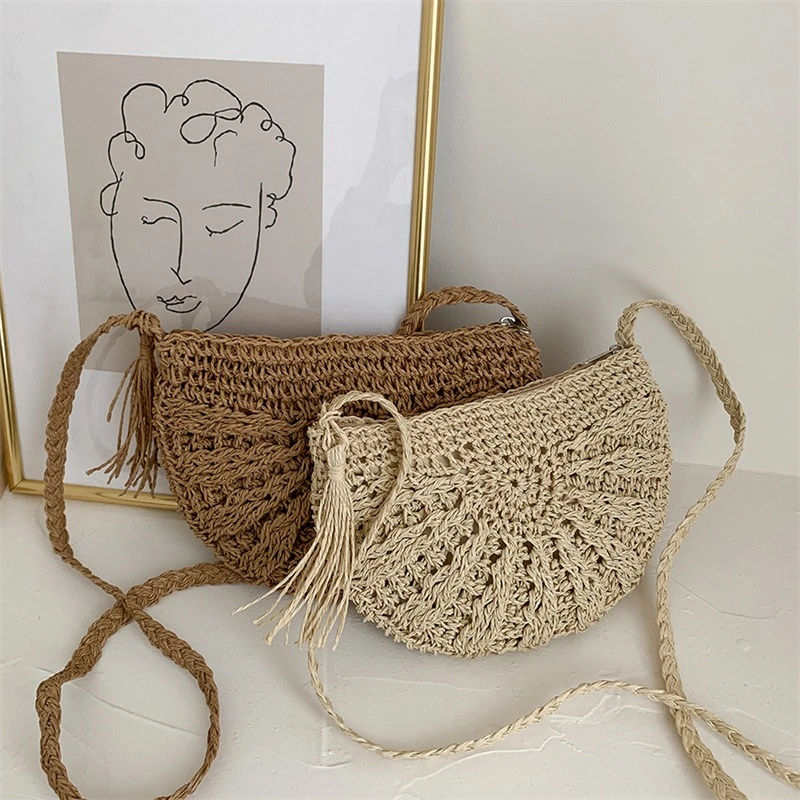 New Collection Eco Handmade Rattan Woven Straw Tote Bag with Rainbow Colors Half Moon Shaped Handbag