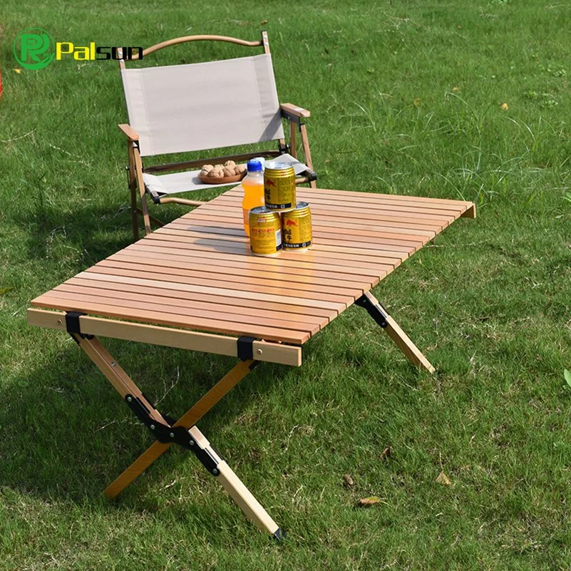 Popular Price Outdoor Camping Portable Folding Wooden Egg Roll Table Camping Picnic Foldable Table Sets