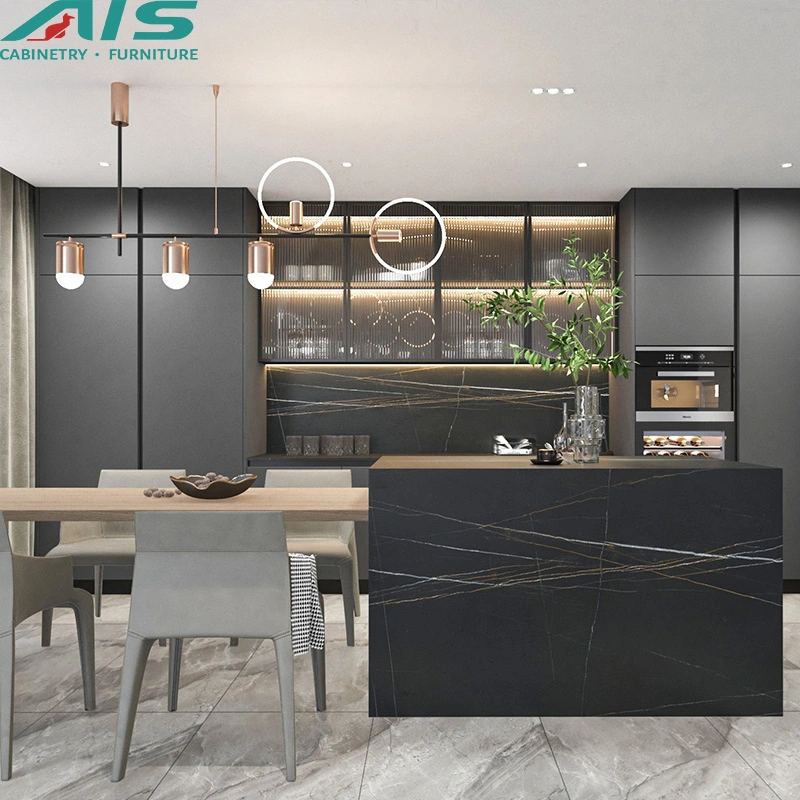 AIS European Modern Design Style Custom Minimalistic Furniture Set Grey PVC Kitchen Cupboards Cabinets and Glass Showcase