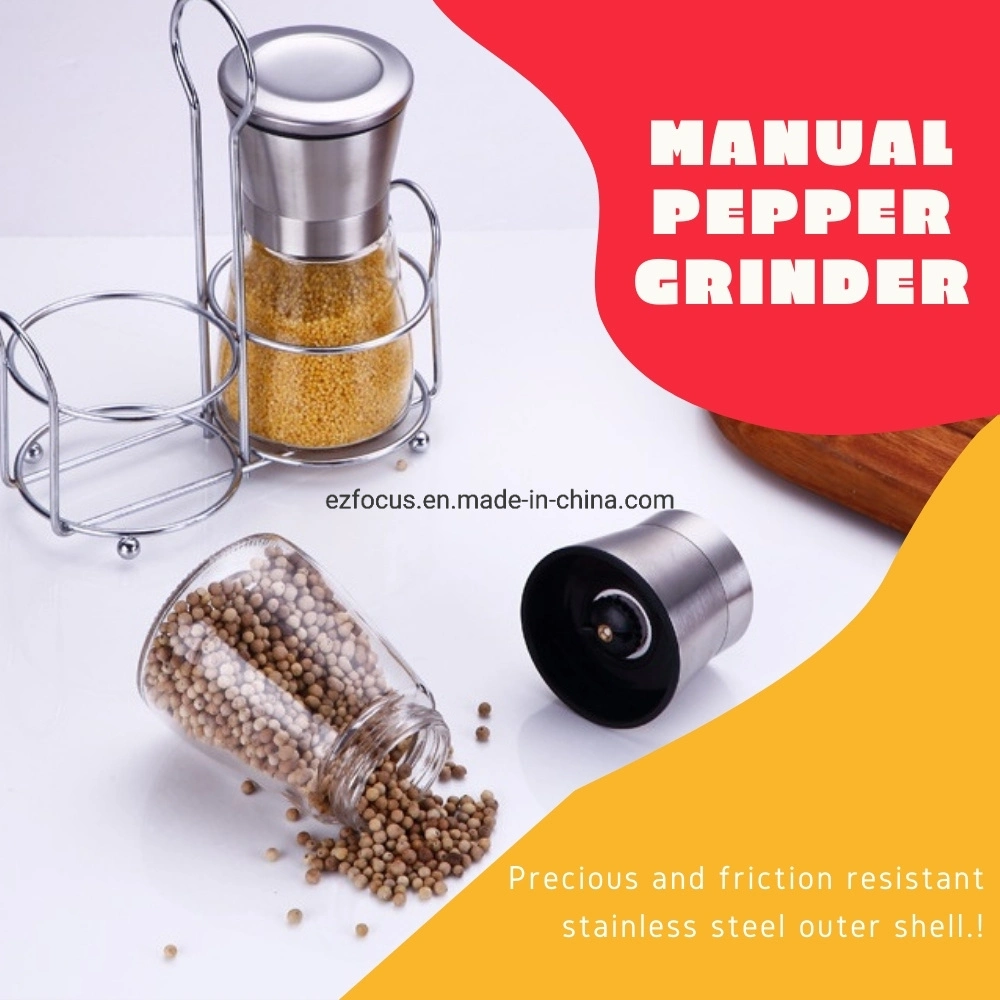 Refillable Set of Ceramic Pepper Grinder with Stand - Good for Salt, Peppercorn, Spicy Sunrise Organic Pepper and Other Powder Wbb14477