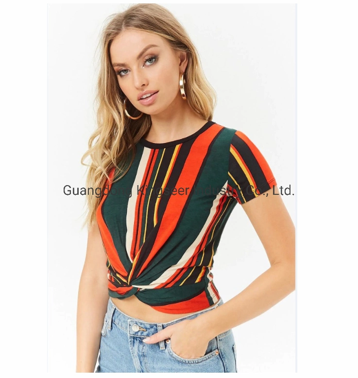 New Fashion Colorful Rainbow Stripe Polyster Round Neck Short Sleeves Women's T Shirt Apparel