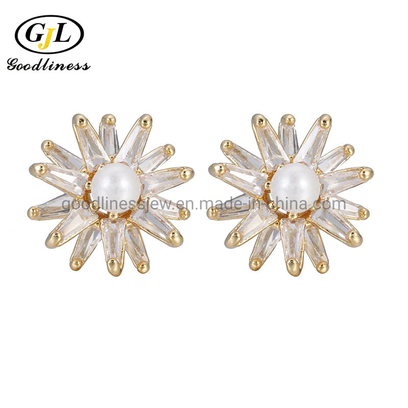 Sunflower Gold Plated Crystal Freshwater Pearl Stud Earrings for Women