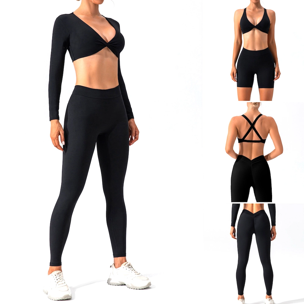 Wholesale/Supplier 4PCS Hot Sexy V Neck Outdoor Running Sports Suit Pilates Fitness Clothing for Women, Custom Logo Yoga Bra + Crop Top + Scrunch Butt Shorts + Pants