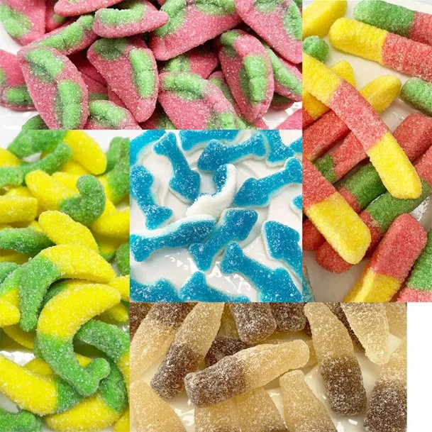 Großhandel Halal Bulk Süße Sour Soft Candy Verschiedene Form Zucker Beschichtete Süßigkeiten