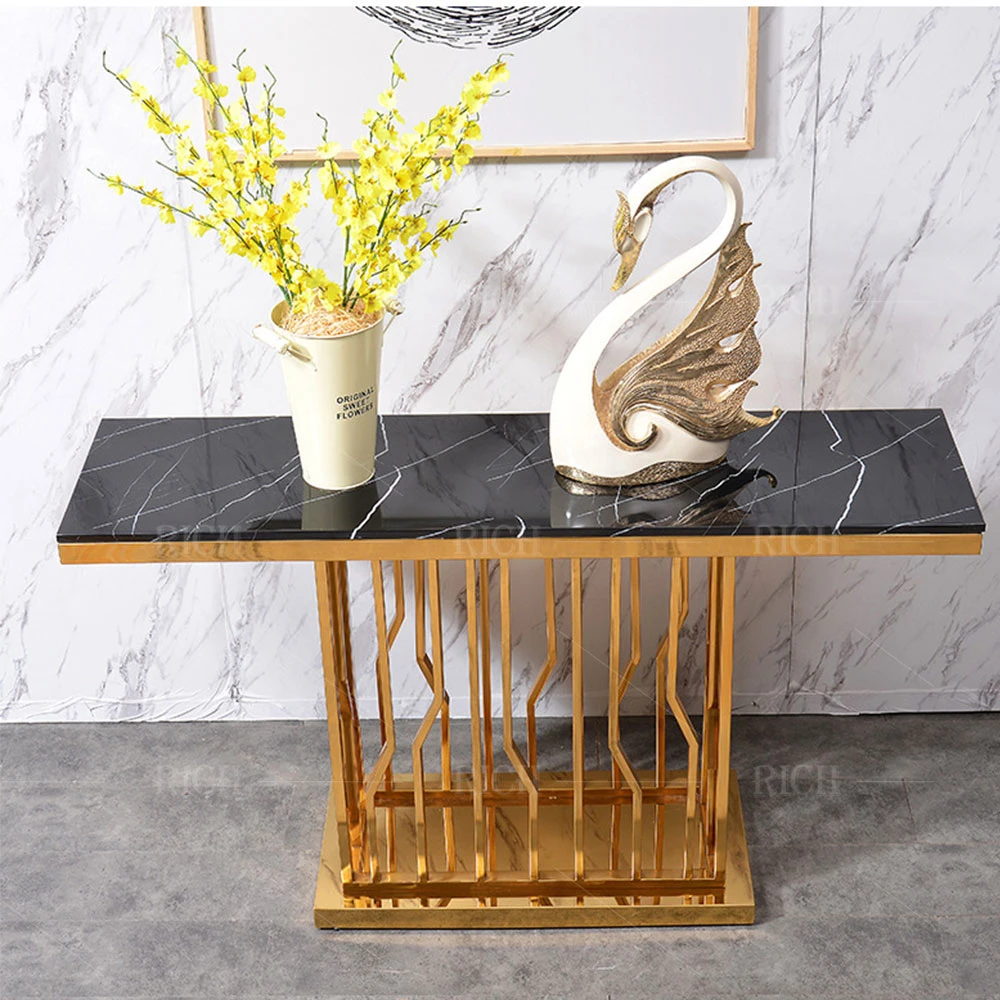 Living Room Hall Marble Top Entryway Stainless Steel Gold Metal Frame Marble Hallway Console Table
