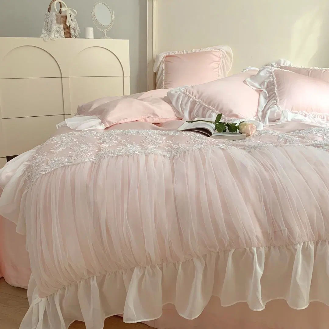 Beauté frais filles lit Queen Size draps luxueux en fibre de lyocell Parure de lit rose en dentelle