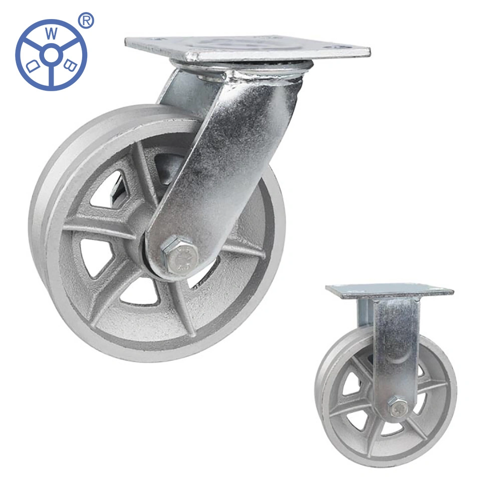 Wbd 4 5 6 8 Inch Heavy Duty Industrial Trolley Cast Iron V Groove Wheels Semi Steel Swivel Top Plate Brake Caster with Ball Bearing