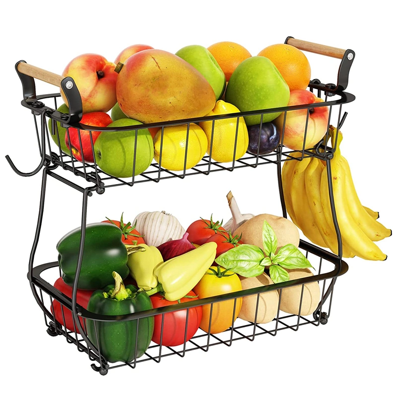 New Original 2 Tier Metal Wire Iron Rectangular Fruit Basket Storage Stand Detachable