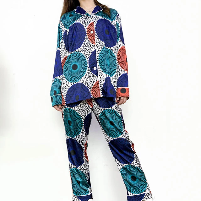 African Print Satin Fabric Fashion Sexy 2 Pieces Long Sleeve Pajamas Women Sleepwear