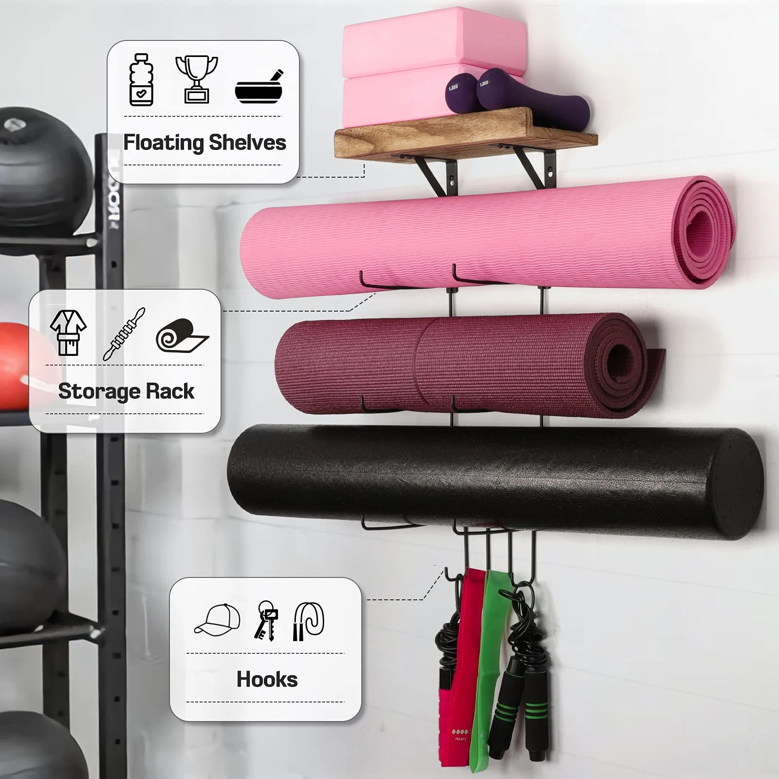 Yoga Mat Holder Wall Mount Yoga Mat Storage Home Gym Accessories with Wood Floating Shelves and 4 Hooks for Hanging Foam Roller and Resistance Bands at Fitness