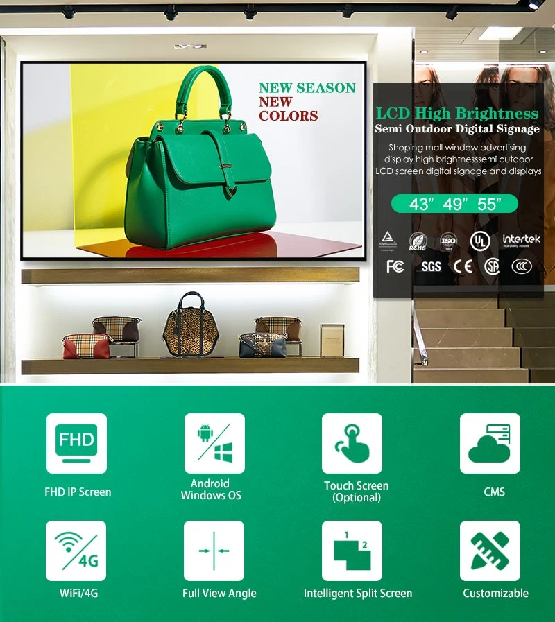65" 55" 49" 43" de Android y Windows Reproductor Publicidad Escaparate colgando Monitor LCD legible con luz solar