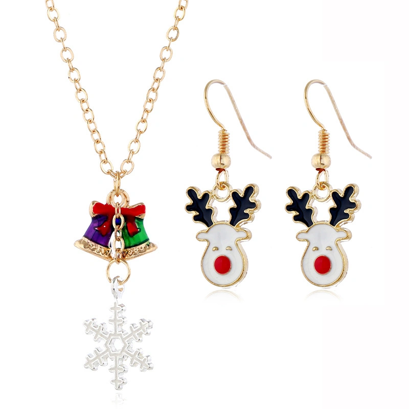 Christmas Ornaments All-Match Bells Snowflake Necklace Pendant Deer Head Earring Jewelry Set