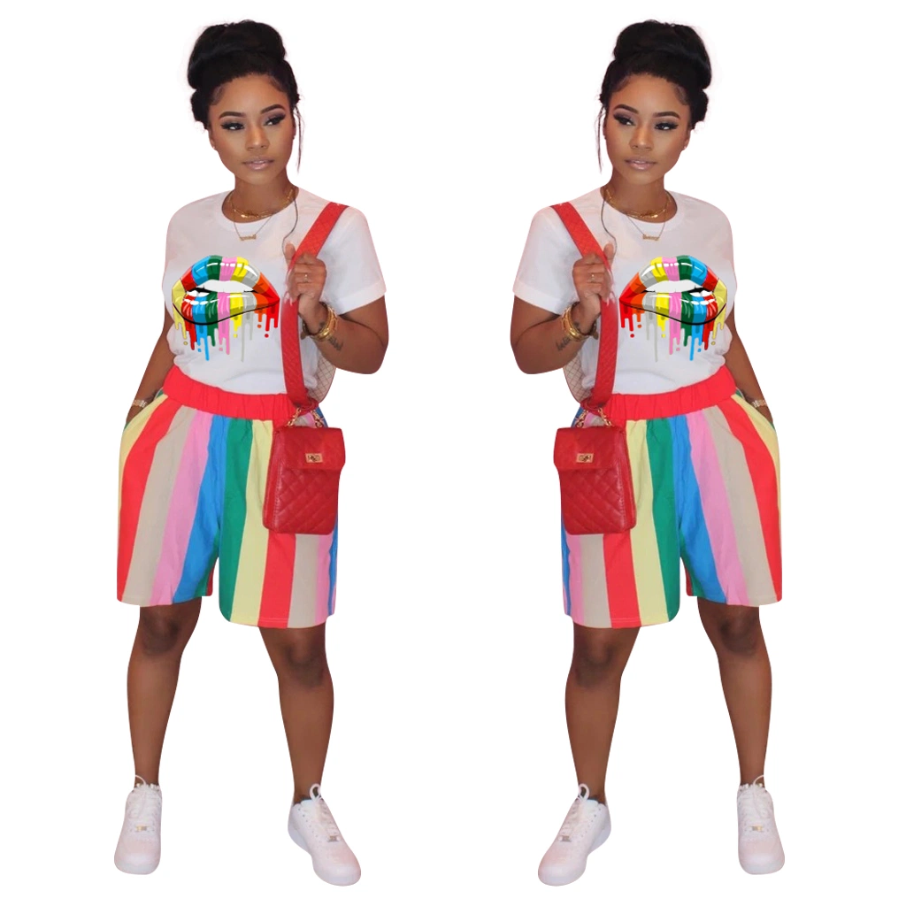 L287939 Casual Lips Stripe Print Sports Short Sleeve Shorts Set Basketball Jersey Cheap