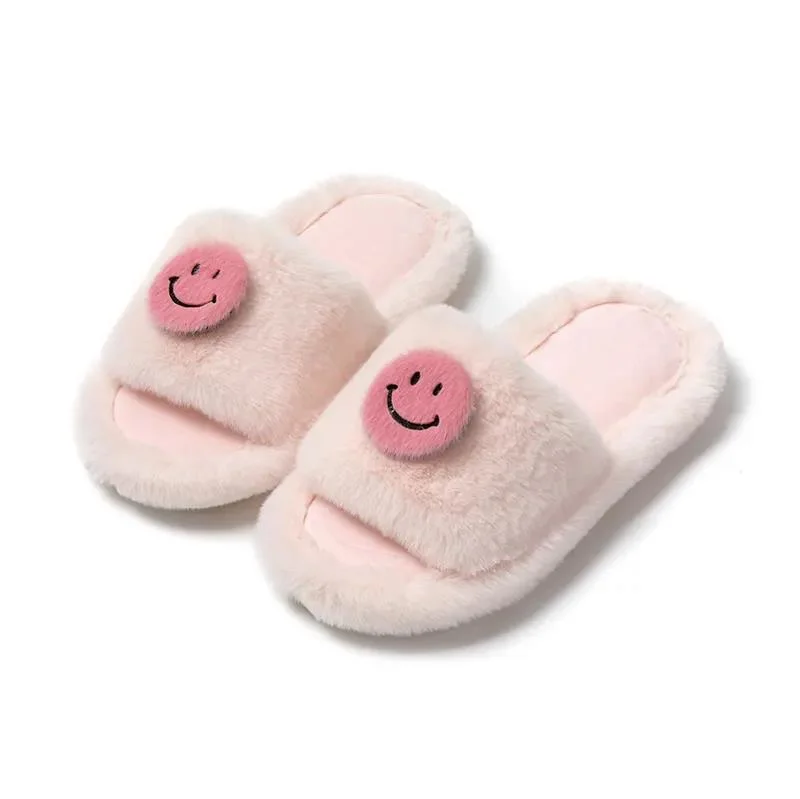 Smiley Open Toe Baumwolle Winter Home Indoor Plüsch Damen warm Fuzzy Schuhe Smile Face Hausschuhe