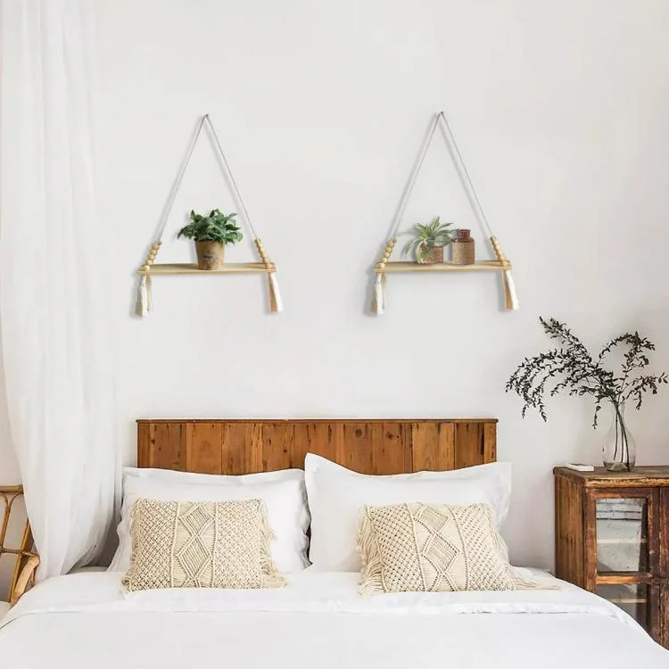 Estantes de pared de madera Macrame planta colgante estante con una borla