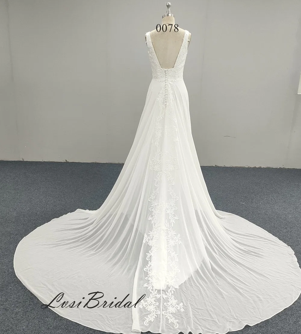 0078 Square Neckline Lace with Chiffon Wedding Dress Long Train Direct Production of Wedding Dresses by The Factory