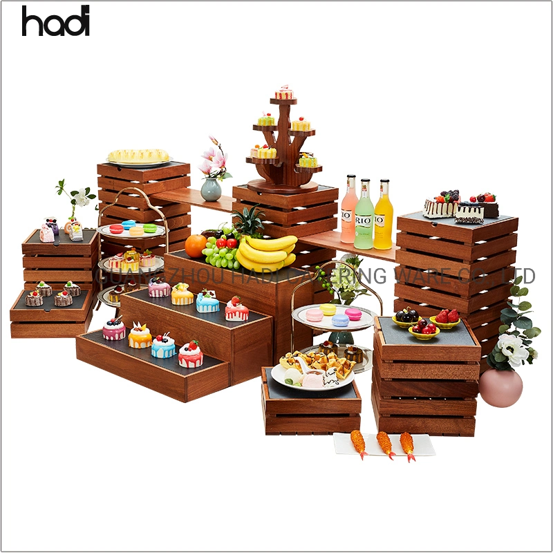 Hadi Catering Supplies for Restaurants Rectangular Wooden Display Riser Table Buffet High Risers Sapele Wooden Elevation for Buffet