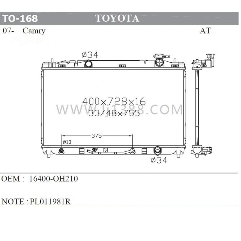 Intercooler Radiador de Alumínio para Carro Toyota Camry OEM: 16400-Oh210