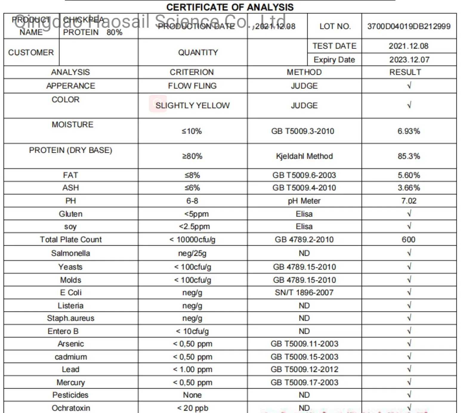 Proteína de grão em pó produzido a partir de grão de bico de alta qualidade