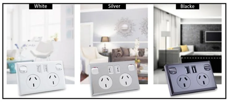 SAA Wall Plug Socket with Panel Has Switch, Dual AC Outlets and 2 USB Ports, Using Home, Office, Hotel, Office. White, Sliver, Black