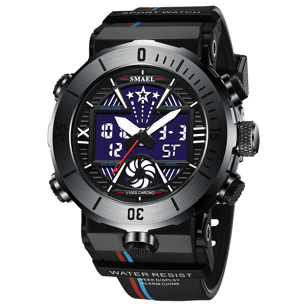 Black New Alloy Sports Electronic Watch Men&prime; S Watch Multifunctional Waterproof Dual Display Electronic Watch Wholesale