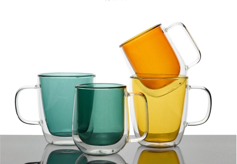 Creative Double Layer Borosilicate Glass with Colorful Wall Tea Glass Cup with Handle Coffee Mug