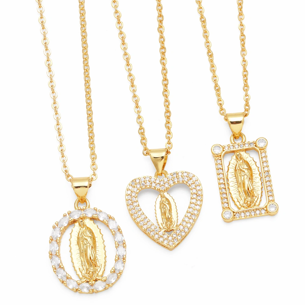 Small Gold Plated Heart Shape Virgin Mary Necklaces for Women CZ Crystal Guadalupe Necklaces Christian Jewelry