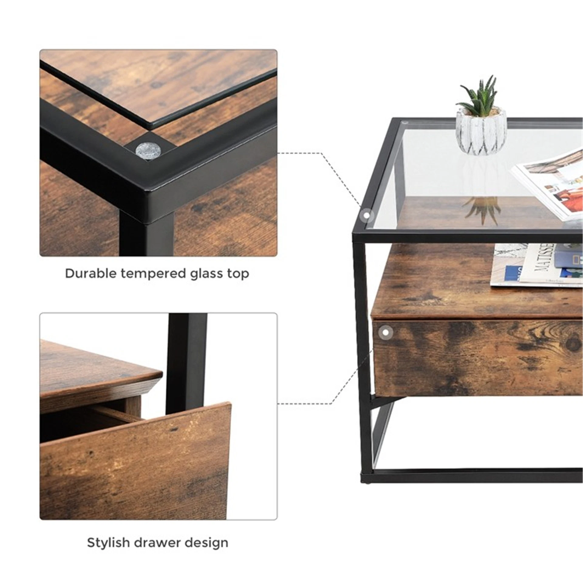 Customized Glass Coffee Table with 2 Drawers Tempered Glass Top with Storage Shelf