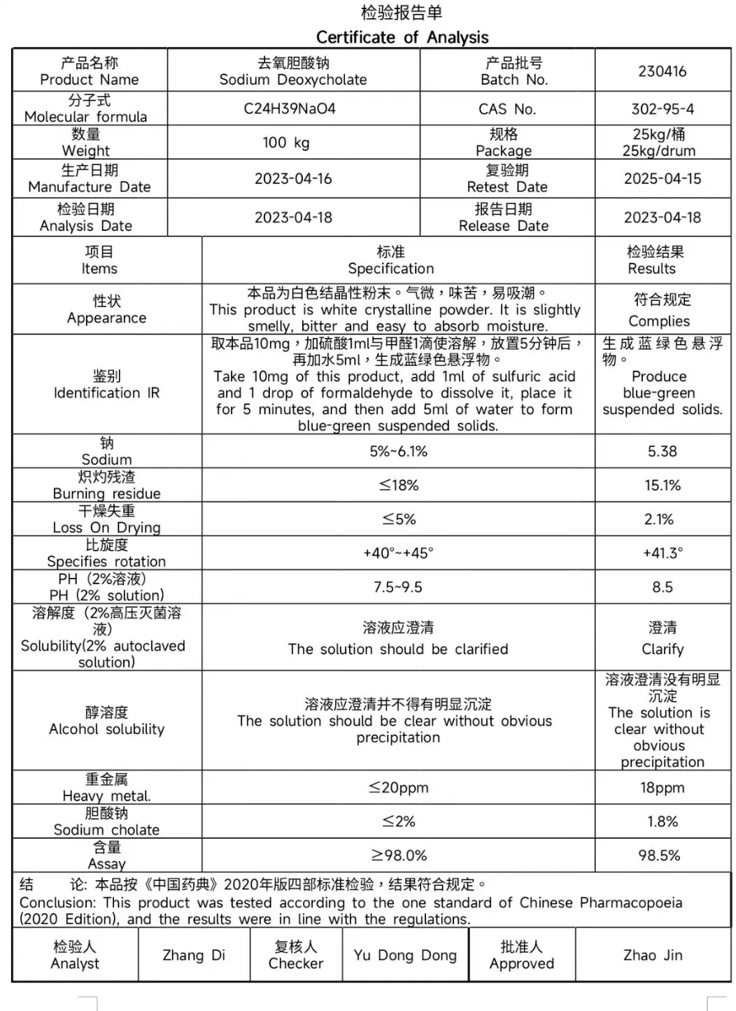 Intermédiaire pharmaceutique CAS 302-95-4 Sodium Désoxycholate