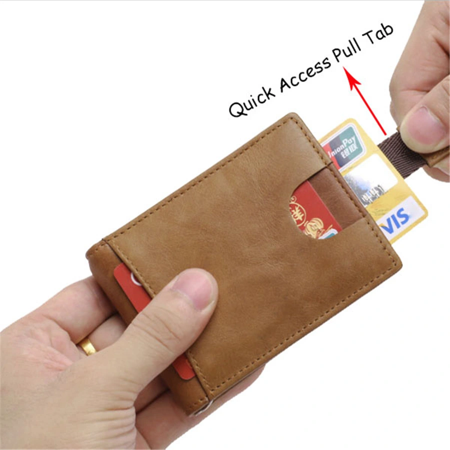 Top Quality Minimalist Slim Pocket RFID Blocking Real Leather Wallets Quick Access Pull Tab for Business Men Gift