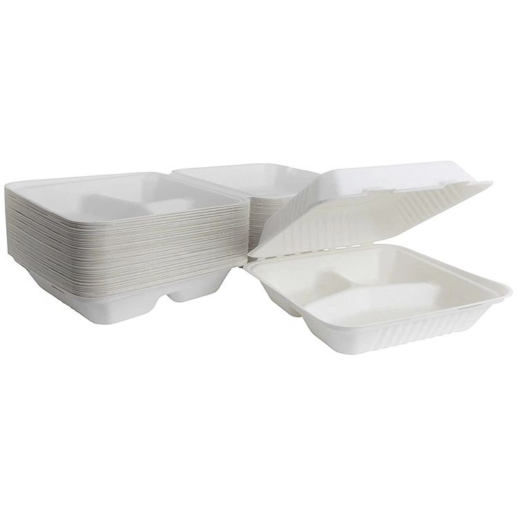 8 Inch Biodegradable Disposable 3 Compartments Clamshell Sugarcane Food Boxes Takeaway Packaging