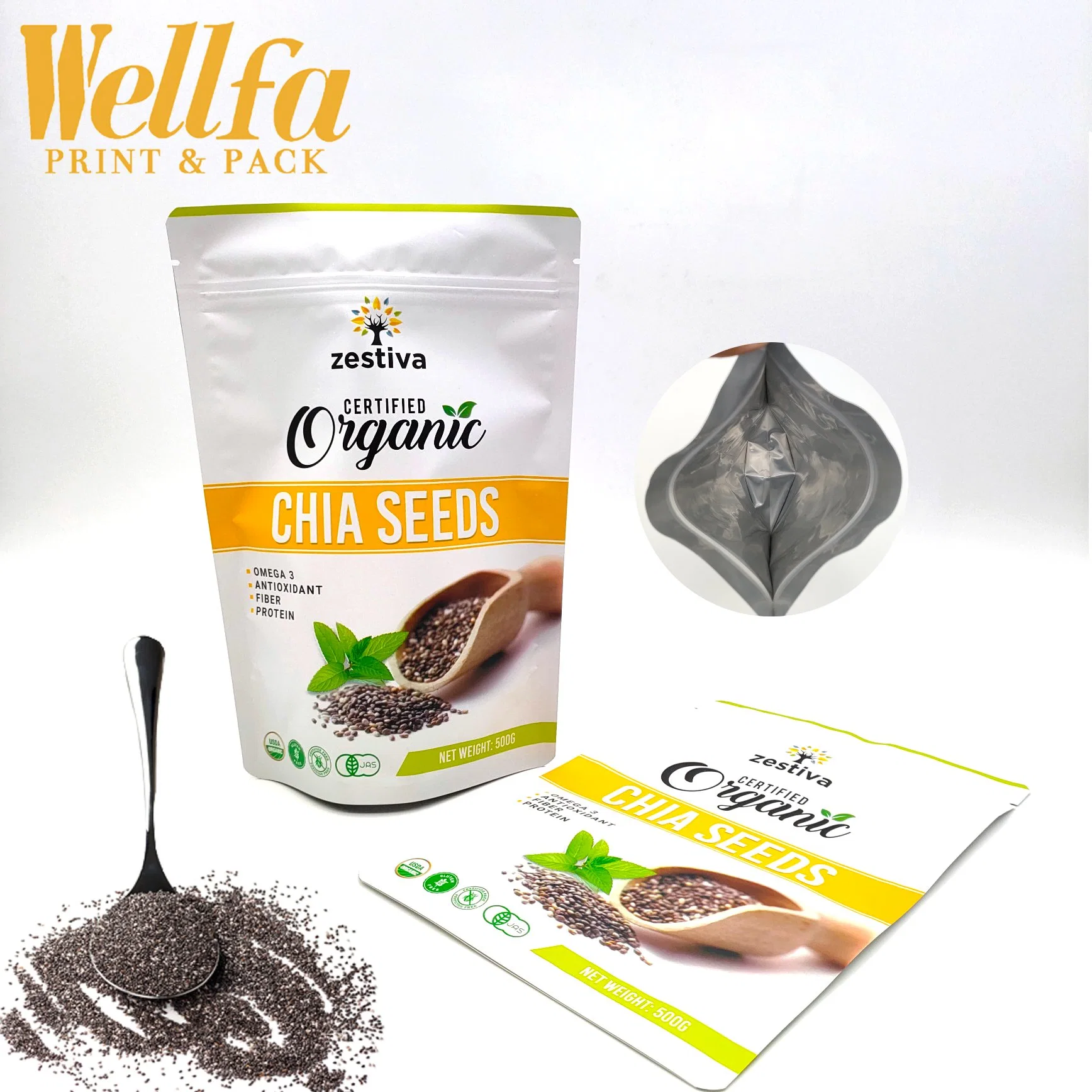 Custom Low MOQ Digital Printing Plastic Zipper Food Packaging Stand up Chia Seeds Pouch Stand up Bags