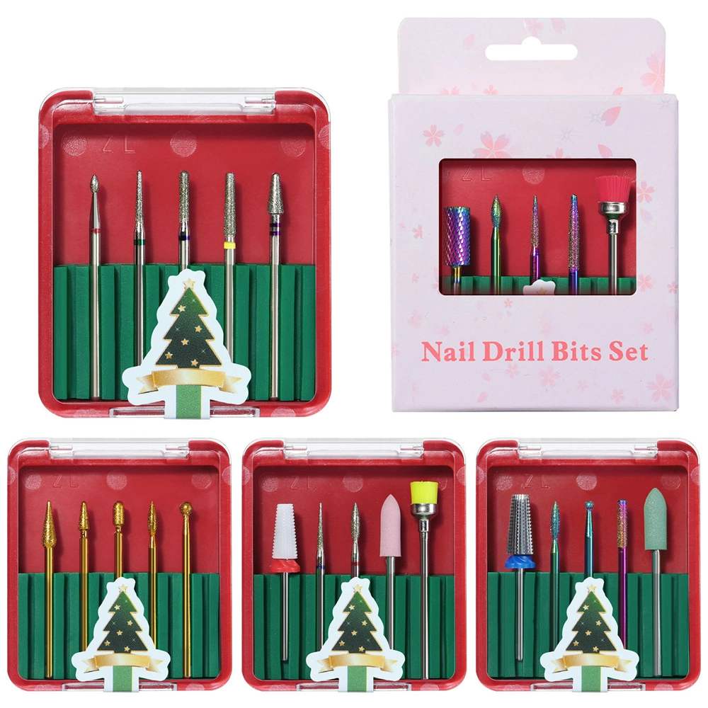 Vente en gros Noël 5 en 1 Kit de tête de forets pour ongles Embout en carbure de clou manucure outil de pédicure en tungstène Forets à ongles Définir les forets en carbure de tungstène Nail