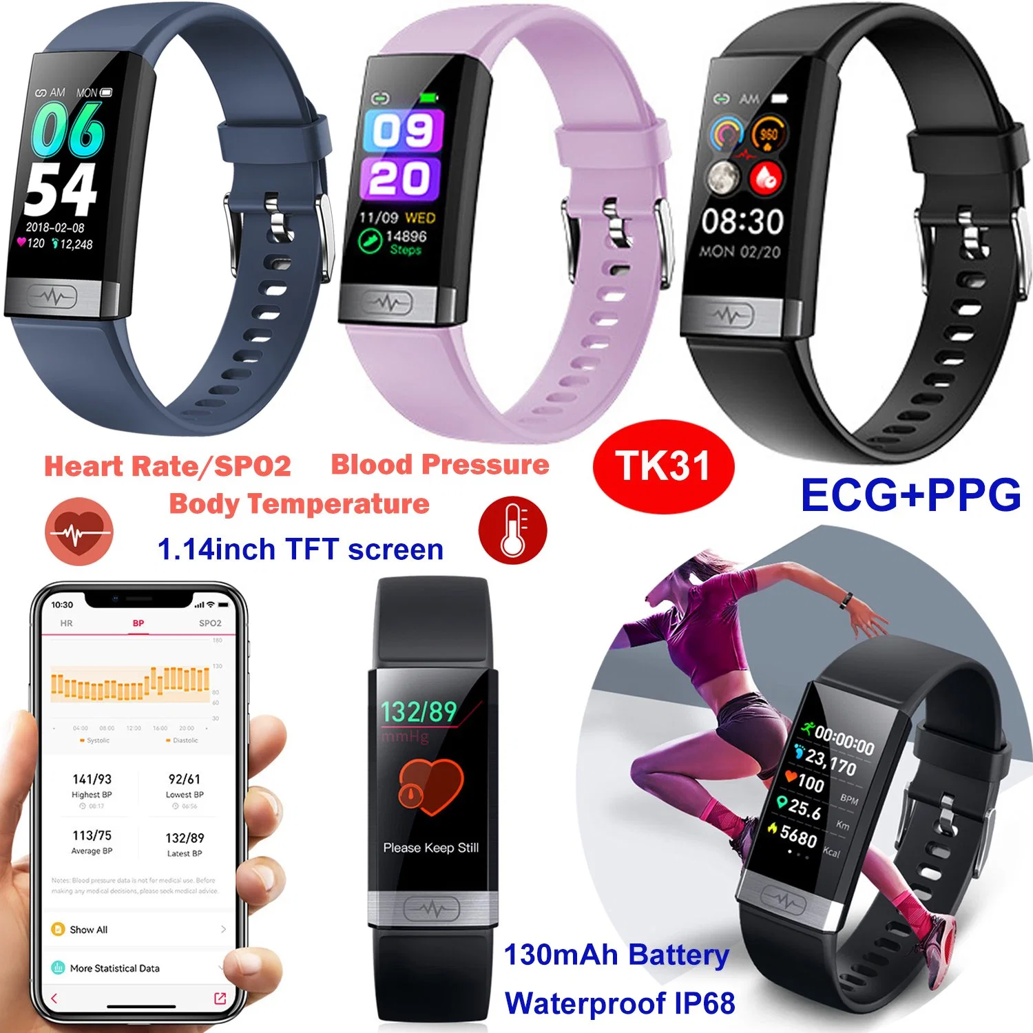 High Quality IP68 Waterproof ECG PPG Heart Rate Blood Pressure SPO2 Smart Bracelet Watch TK31