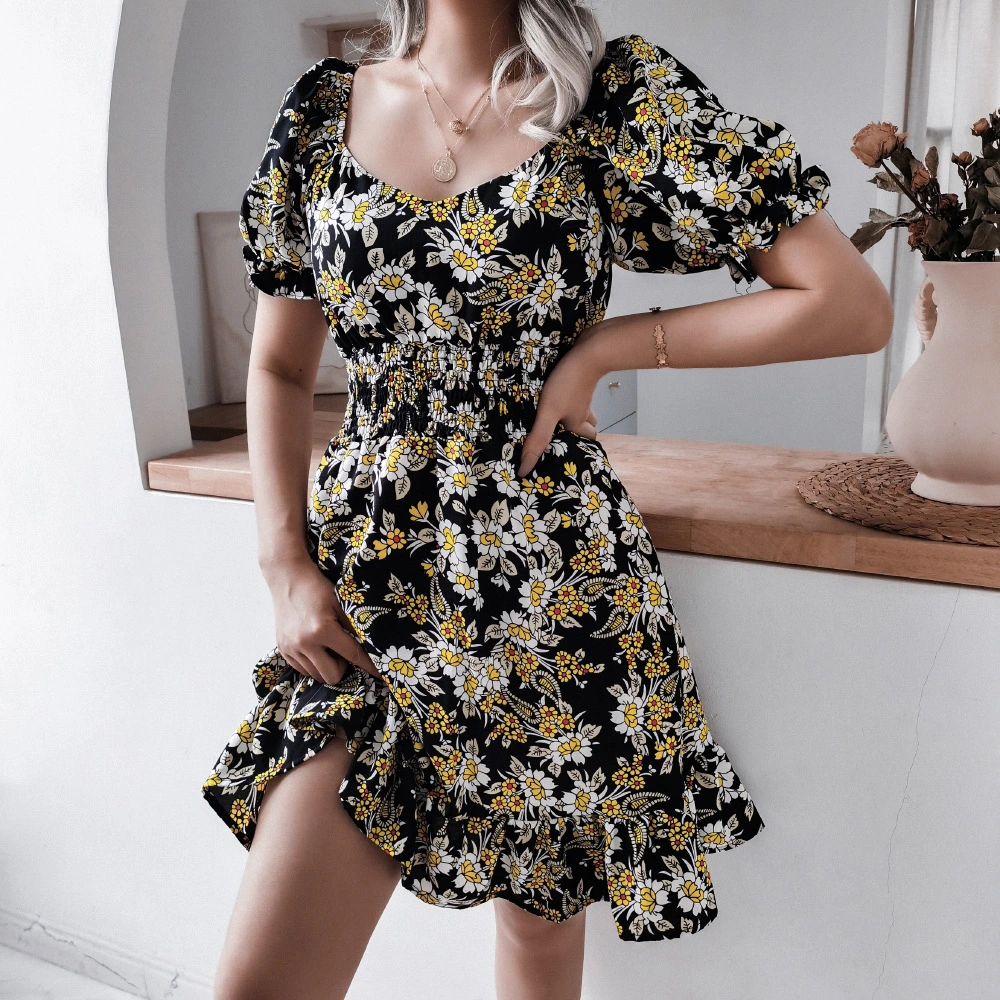 Summer New European e American casual Square Collar Lantern Sleeve Vestido floral casual independente Station Cross-border Women's Wear