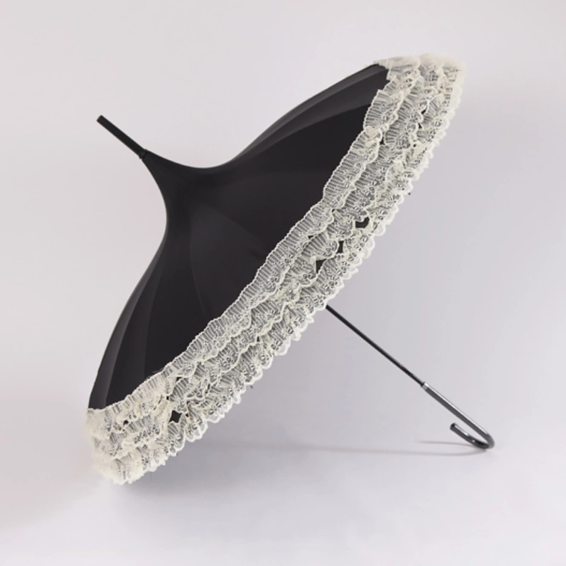 Wedding Decoration Bride Luxury Black Fabric Metal Frame Stick Pagoda Umbrella with White Lace Fringe