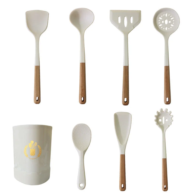 11 pièces en 1 ensemble silicone Home cuisine Accessoires cuisson Outils ensemble d'ustensiles de cuisine en silicone avec poignées en bois