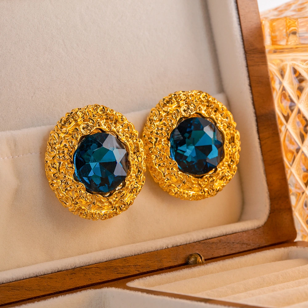 French Retro Earrings Klein Blue Stud Texture Light Luxury Female Court Style Middle Stud Accessories