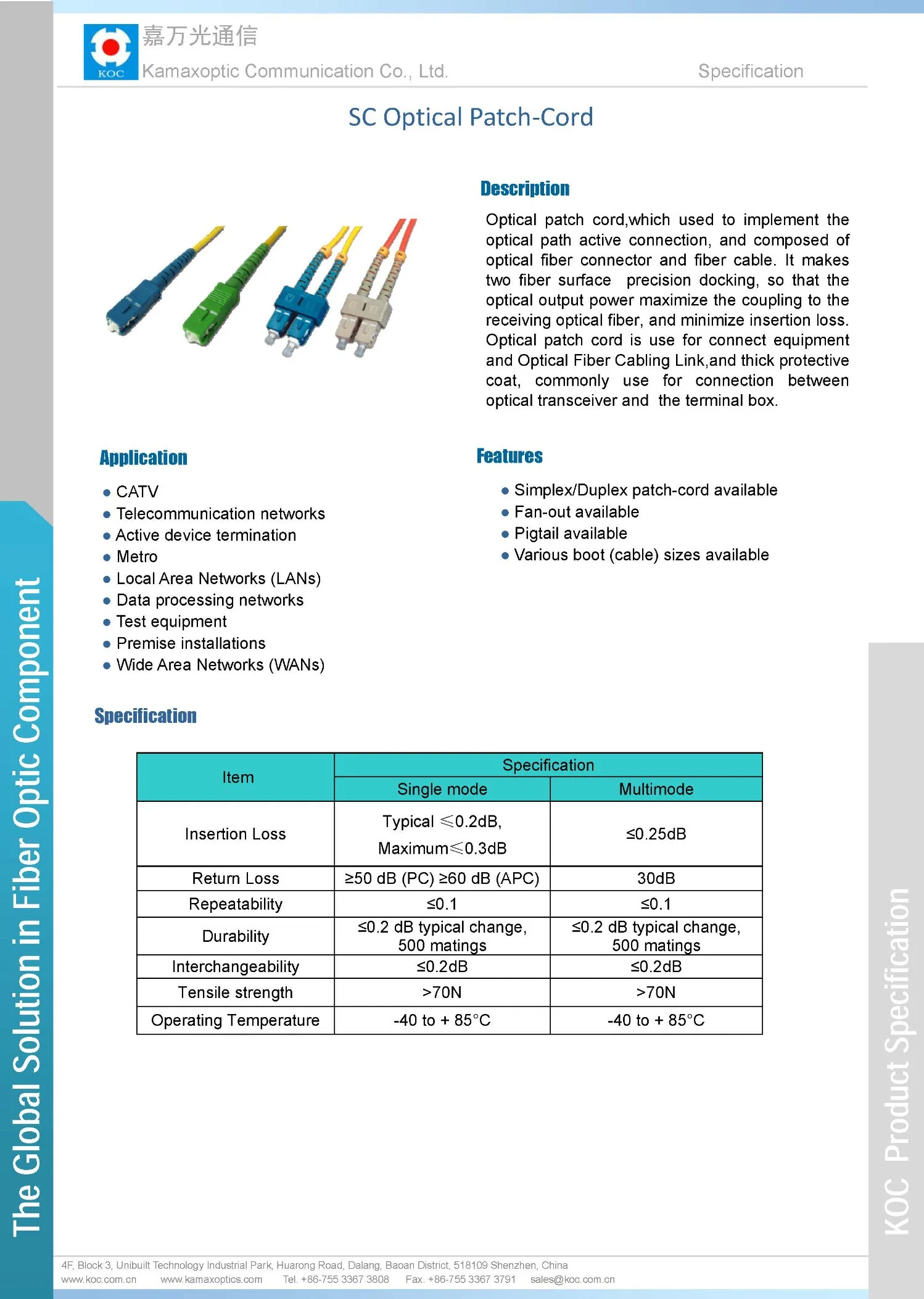 Manufacturer Fiber Optic Patch Cord Sc/Upc-Sc/Upc Single Mode Duplex