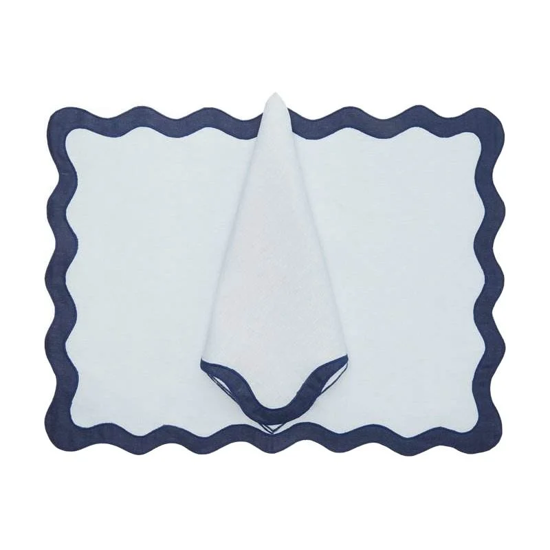 Wholesale/Supplier Irregular Embroidered Linen Scalloped Edge Napkins Blue for Dining Table