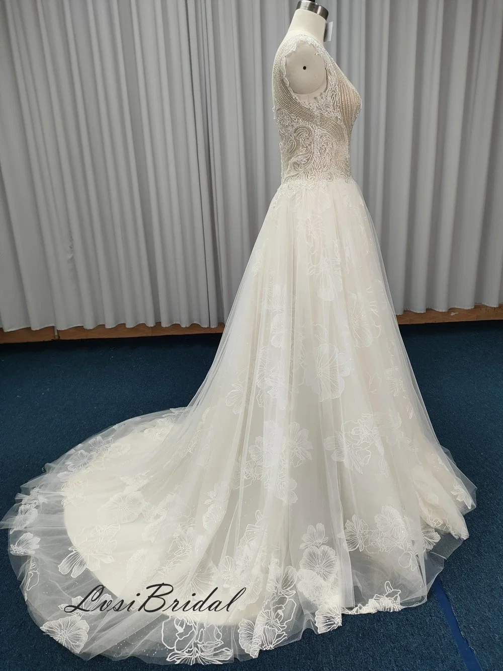 507 Deep V Neckline and Shoulder Cap Sleeve with Wedding Dress Fashion Lace with Sequins Bridal Gown Dress Tulle A-Line Skirt Dress Directly by Bridal Factory