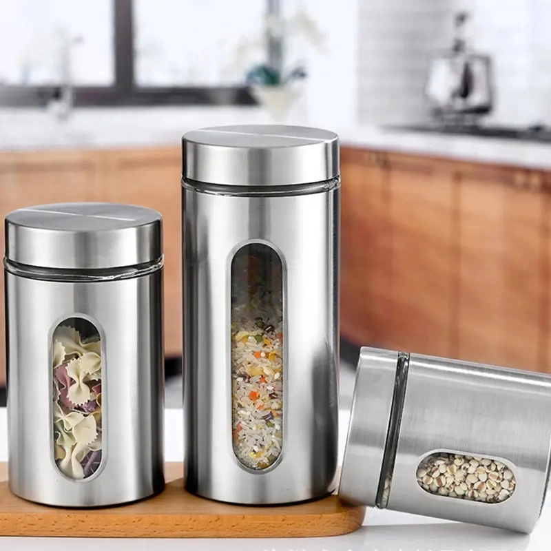 Stainless Steel Food Container with Transparent Window for Whole Grains, Candies, Dry Goods, Seasonings, Noodles, Nuts