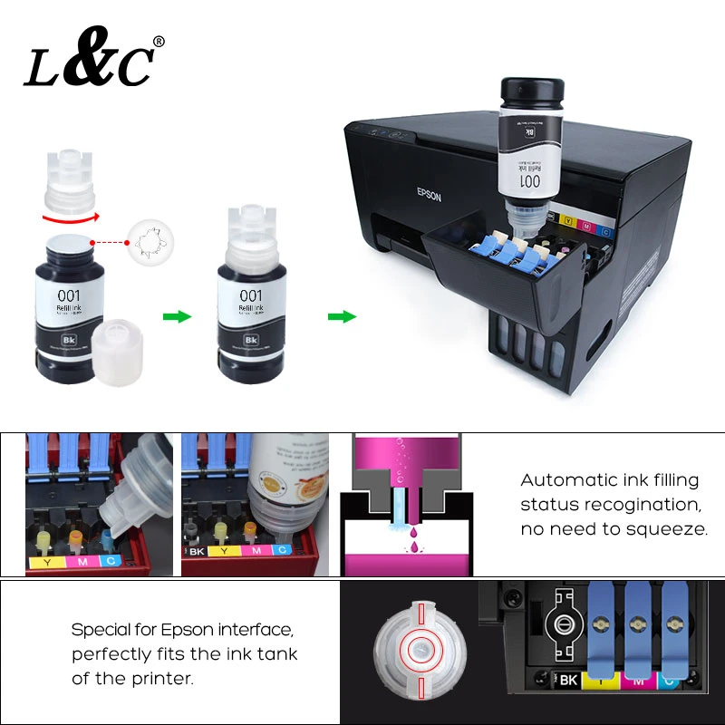 L&C 70ml Black Gray 001 Ep001 Refill Dye Ink for Epson L4150 / 4160 / 6160 /6170 / 6190 Digital Printing