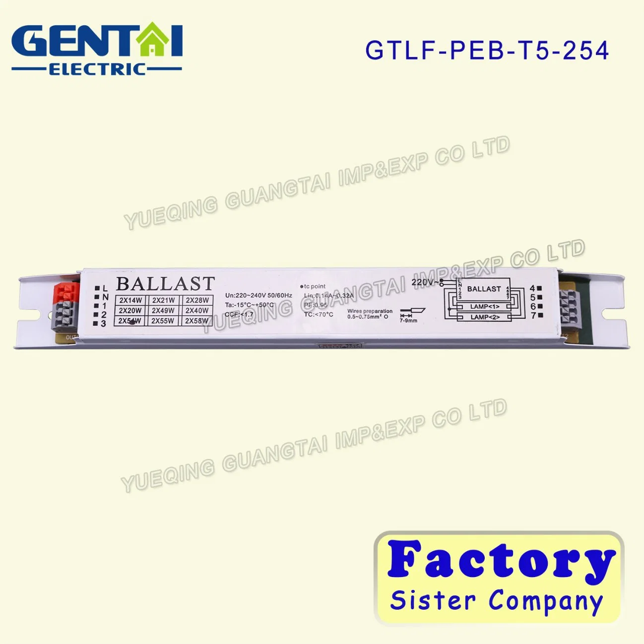 Alto factor de potencia de 0,95 T5 2*54W Balasto electrónico utilizado para la lámpara fluorescente