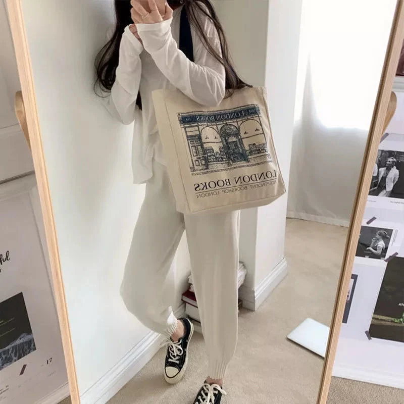 Tote Bag Women Canvas Shoulder Bag London Books Print Ladies Casual Handbag Tote Bag Reusable Large Capacity Cotton Shopping Beach Tote Bag