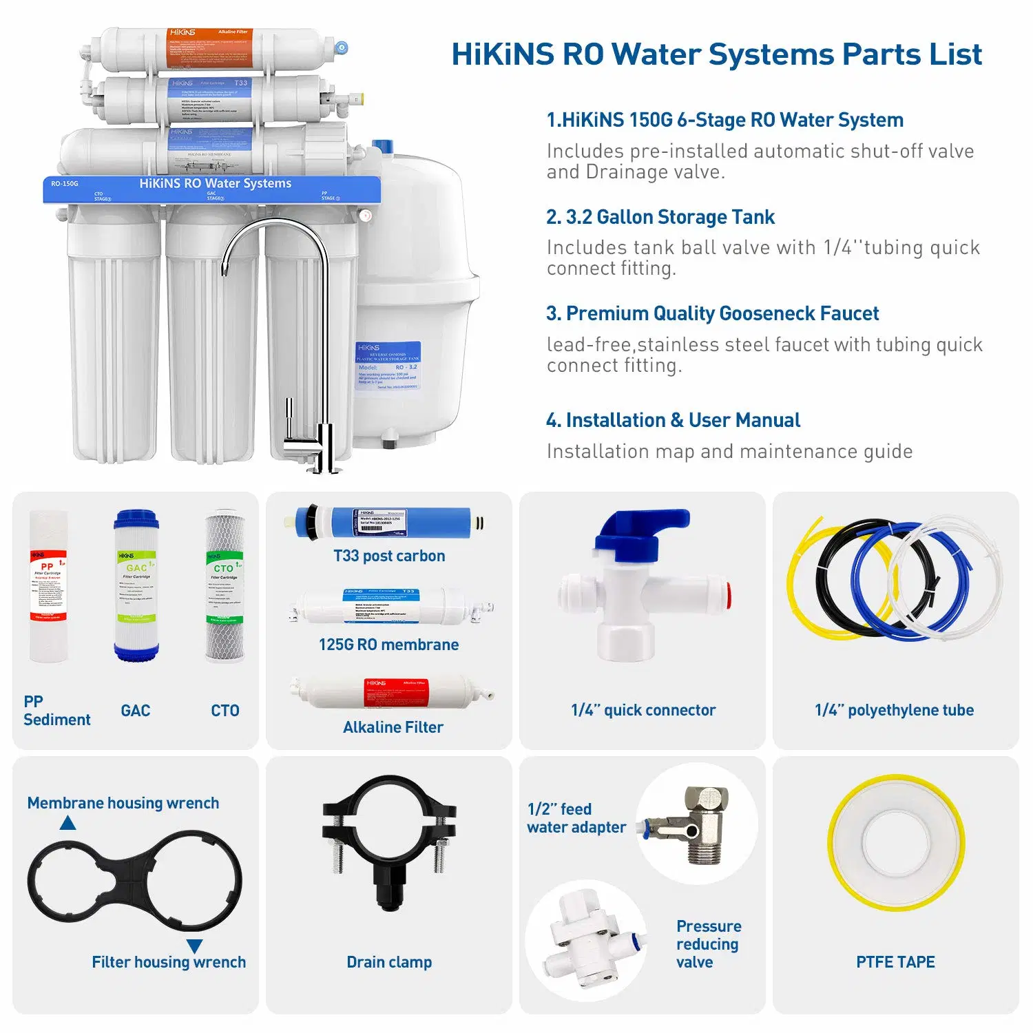 125g-150g ósmosis inversa filtro de agua bajo el fregadero sin bomba