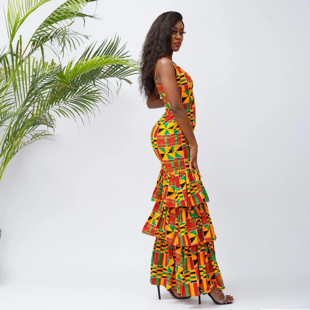 2021 African Fabric Wax Printing Frauen Maxi Sexy Kleid Party Verschleiß