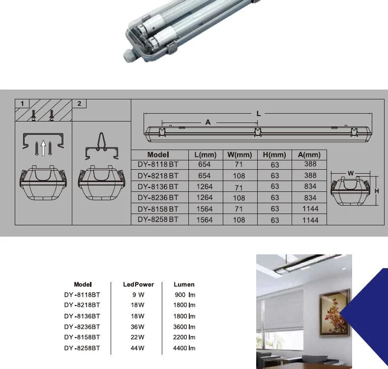 1*18W 2*18W 1*36W 2*36W 1*58W 2*58W LED DE LUZ IMPERMEABLE Metro Luz o Fluorescente Metro Parking